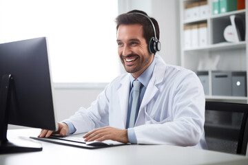 A doctor, a man, provides telemedicine support with a friendly smile