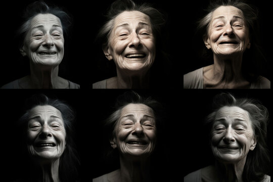 A collection of pictures showcasing a woman's various facial expressions against a black backdrop, creating an actor's portfolio