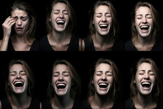 Series of images capturing a woman's diverse emotional range against a dark background, crafting an actor's profile