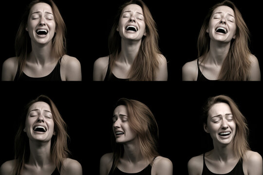 Montage of photographs illustrating a woman's wide emotional spectrum against a black background, designing an actor's comp card