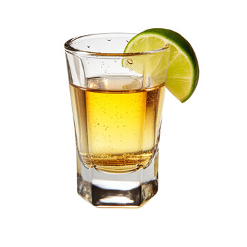 glass shot of tequila with lime isolated on white background, ai generated