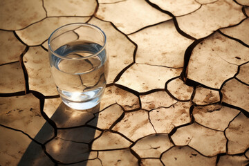 Cracked ground supports a glass of water, depicting the struggle for hydration in a barren environment
