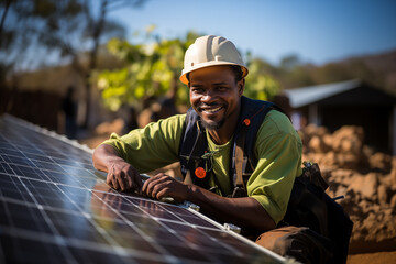 Close up portrait of a fitter with helmet assembles solar panels on the roof