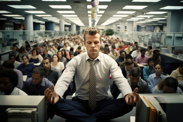 A businessman, dressed sharply, meditates in a lotus pose amidst office chaos, embracing mindfulness for mental well-being, combating stress - obrazy, fototapety, plakaty