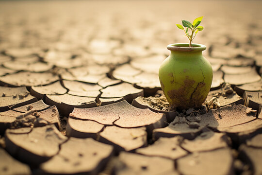 Cracked, arid ground supports a pea seedling, symbolizing the resilience of life in harsh conditions