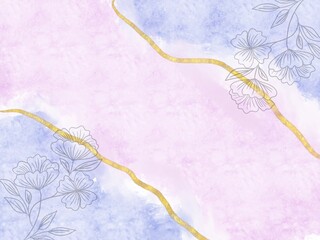 Watercolor background with hand drawn elements, gold line, pastel color