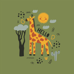 Vector card with cute giraffe. Hand drawn in kid style. The design used for print, wallpaper, fabric, textile Kids vector illustration © bosotochka