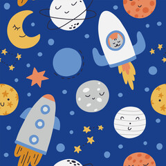 Seamless kids space pattern. Creative nursery background. Ideal for kids design, fabric, packaging, wallpaper, textiles, clothing