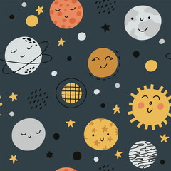 Seamless kids space pattern. Creative nursery background. Ideal for kids design, fabric, packaging, wallpaper, textiles, clothing - 666115056