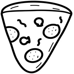 Illustration. Pizza slice with melted cheese and pepperoni. Hand drawn doodles Cartoon sketch... Decorating greeting cards, posters, emblems