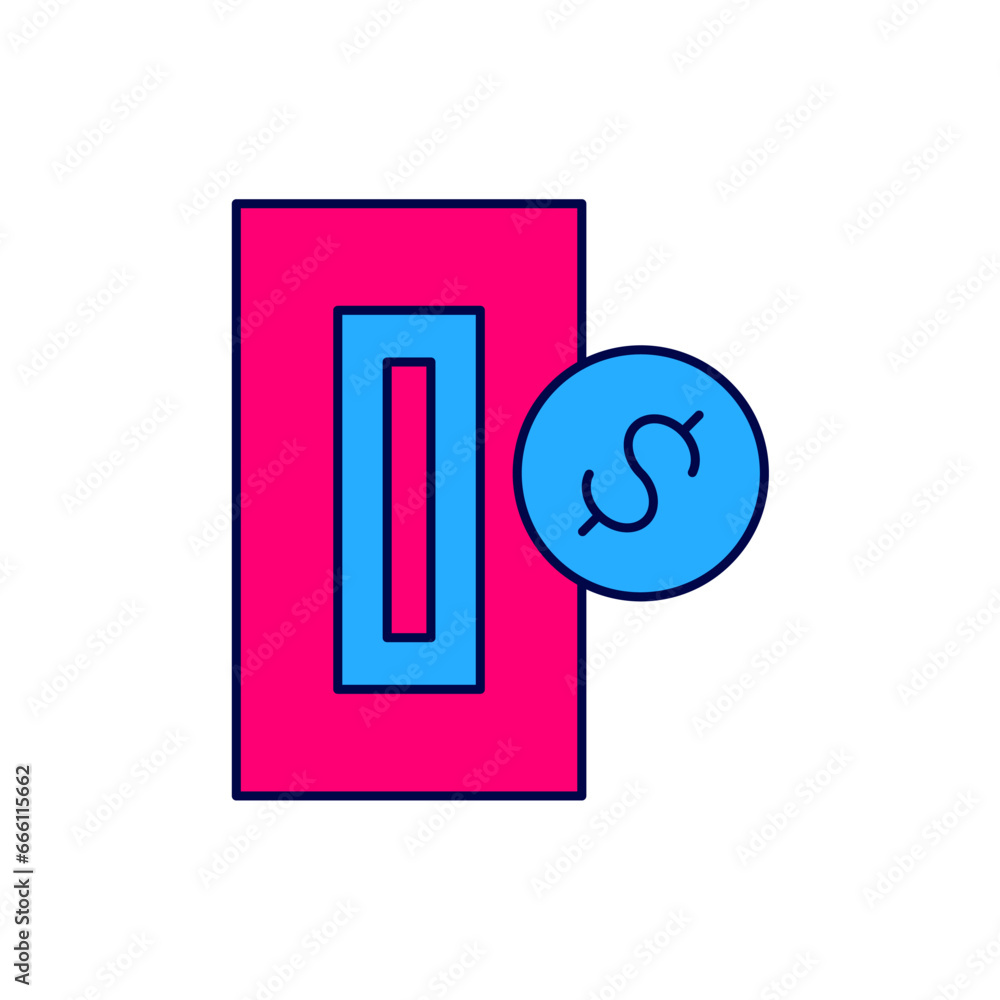 Poster filled outline hand inserting coin to a slot on a vending machine or arcade machine icon isolated on