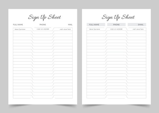 Sign Up Sheet Planner Template, Modern Planner Template Set, Vector Planner