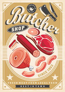 Butcher shop retro promotional poster design with various meat products. Salami, sausages, bacon and ham illustrations. Food vector image.