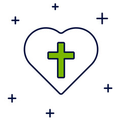 Filled outline Christian cross in heart icon isolated on white background. Happy Easter. Vector