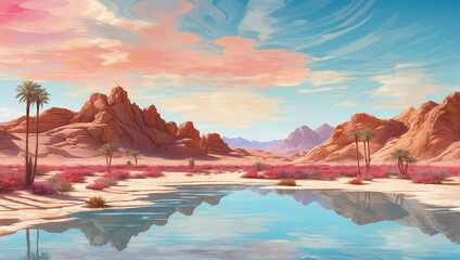 Abstract backdrop that embodies the surreal and shimmering qualities of a desert oasis.