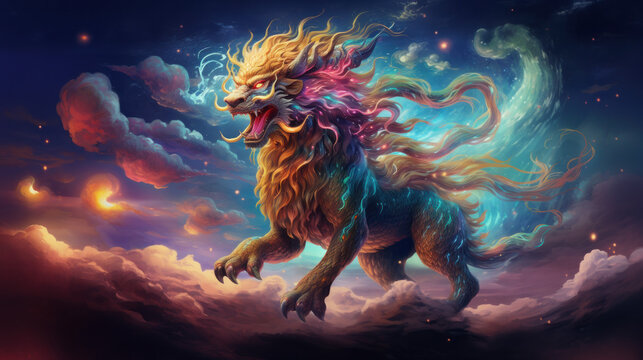 Legendary Qilin Creature, Kirin Of Chinese Mythology Reimagined, Ethereal Chinese Creature With Colored Cosmos And Universe. Celestial Qilin Concept. Generative AI 