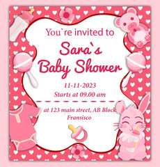 Girl Baby Shower Invitation Card with Playful Illustrations