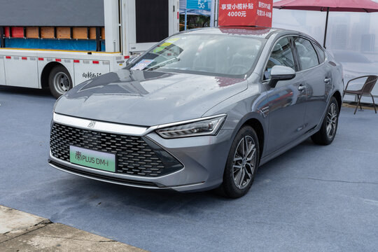ZHONGSHAN GUANGDONG China-June 10 2022:a grey BYD Qin Plus DM-i electrical car.