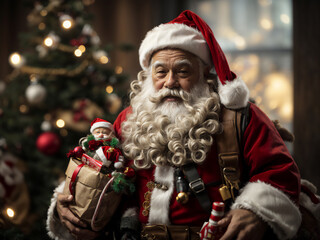 Santa Claus, seated with a bag of toys, embodies holiday cheer and generosity.