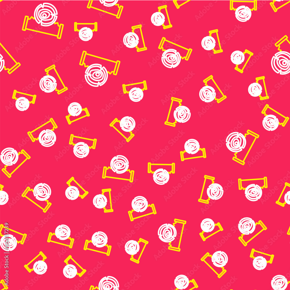 Poster line two-handed saw and log icon isolated seamless pattern on red background. vector
