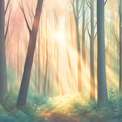 Fototapeten einfacher natürlicher Wald im Morgen nebel mit Sonnenstrahlen im Dunst, einfache pastell Farben und romantisches Licht in natürlicher Umgebung als Vorlage oder Hintergrund © www.barfuss-junge.de