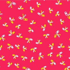 Line Ice hockey sticks icon isolated seamless pattern on red background. Vector