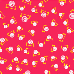 Line Two-handed saw and log icon isolated seamless pattern on red background. Vector