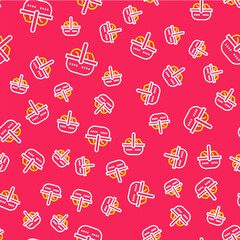 Line Shopping basket and food icon isolated seamless pattern on red background. Food store, supermarket. Vector