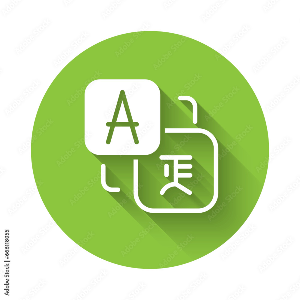 Poster white translator icon isolated with long shadow. foreign language conversation icons in chat speech 