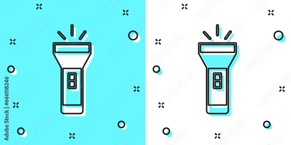 Poster black line flashlight icon isolated on green and white background. random dynamic shapes. vector