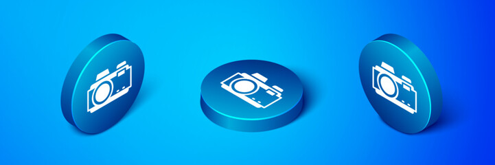 Fototapeta premium Isometric Photo camera icon isolated on blue background. Foto camera. Digital photography. Blue circle button. Vector