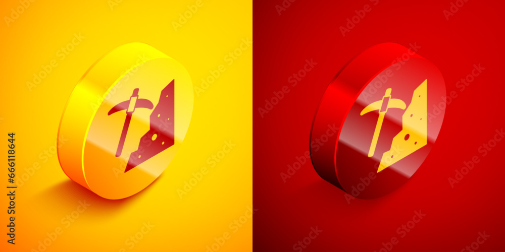 Poster isometric pickaxe icon isolated on orange and red background. circle button. vector