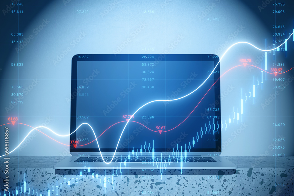 Poster close up of laptop computer on desktop with growing blue forex chart and index on blurry background.