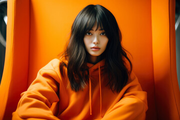 Young woman in orange outfit in a fashion portrait