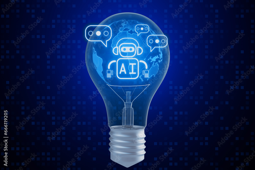 Poster Creative glowing light bulb with robot and globe ai hologram on dark blue pixels background. Machine learning, artificial intelligence and innovation concept. 3D Rendering.