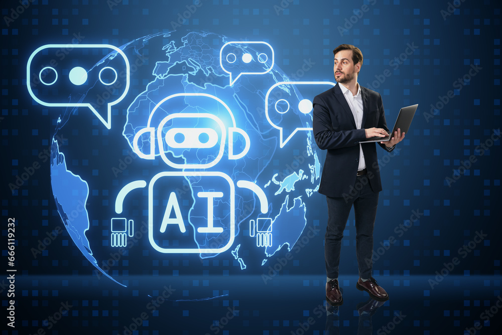 Poster attractive young european businessman with laptop and creative glowing robot and globe ai hologram o