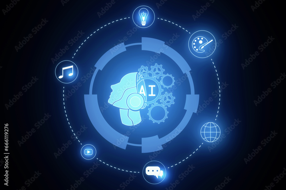 Poster Abstract creative glowing round head outline ai hologram on blurry background. Machine learning, artificial intelligence and innovation concept. 3D Rendering.
