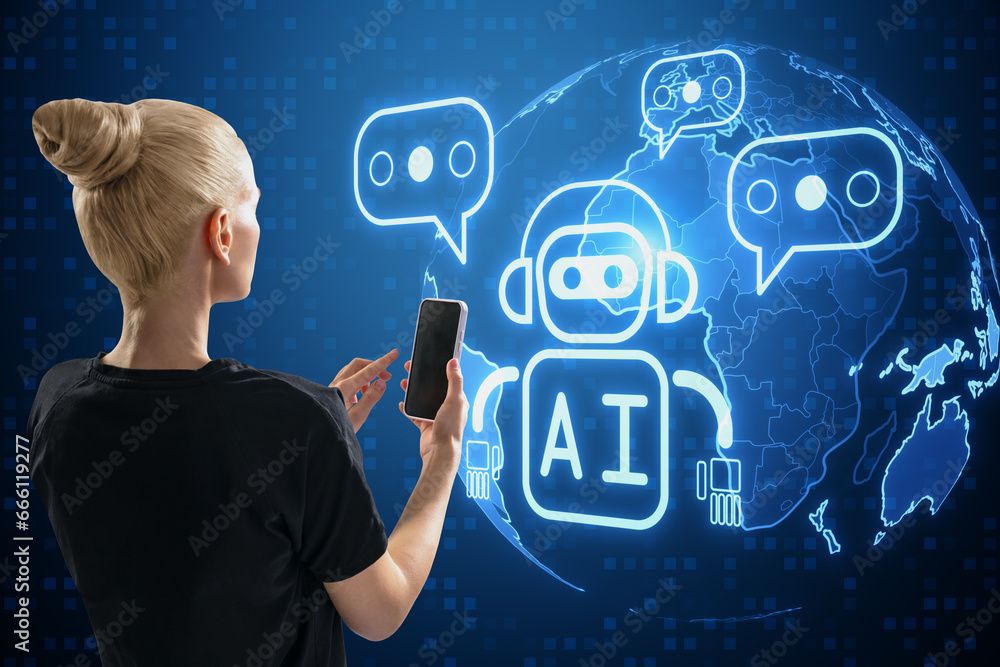 Poster attractive young european businesswoman with smartphone and creative glowing robot and globe ai holo