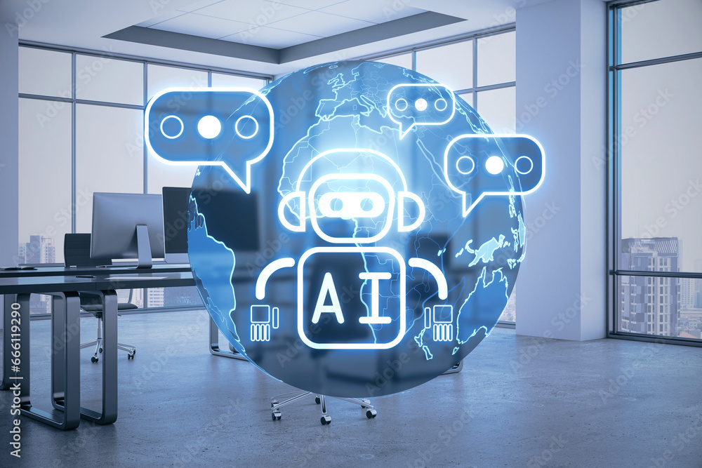 Poster Creative glowing robot and globe ai hologram on blurry office interior backdrop. Machine learning, artificial intelligence and innovation concept. 3D Rendering.