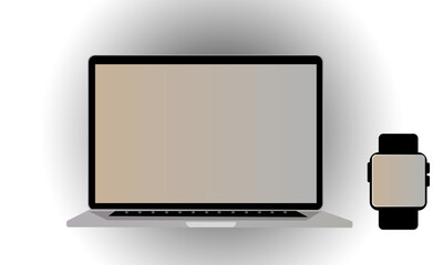 Set of Electronic Devices With Blank Screens. Gold Laptop, Tablet, Phone, Smart Watch, Isolated on White Background. Vector Illustration