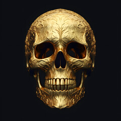 Obraz premium A beautiful golden skull with patterns and teeth on a black background. Minimal Halloween concept