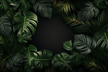 A photo realistic border with green monstera and palm tee leaves arranged at the sides making a frame with a dark copy space in the middle, top view flat lay composition