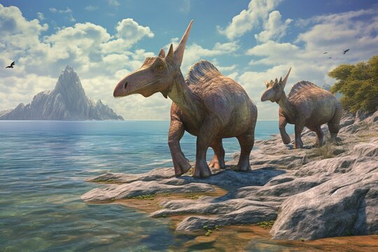Three parasaurolophus on a rocky beach, pterasaurs overhead, mammal observes dinosaurs at water's edge. Generative AI