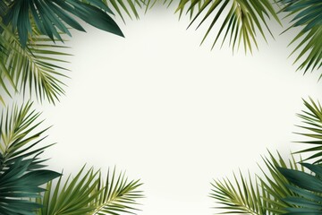 Fototapeta na wymiar A photo realistic border with green monstera and palm tee leaves arranged at the sides making a frame with a white copy space in the middle, top view flat lay composition