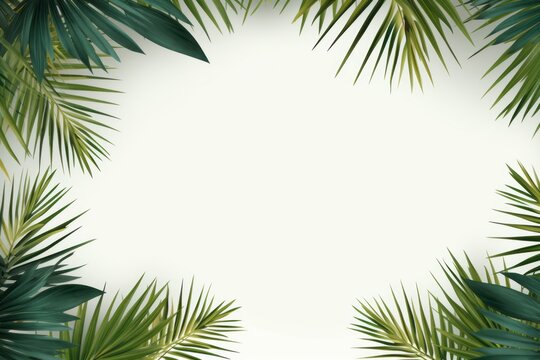 A photo realistic border with green monstera and palm tee leaves arranged at the sides making a frame with a white copy space in the middle, top view flat lay composition