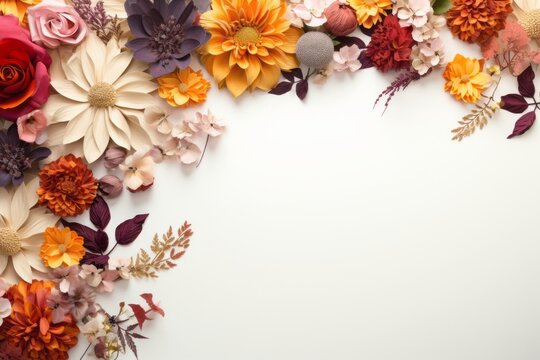A photo realistic botanical floral border with bright vivid flowers arranged at the sides making a frame with a white copy space in the middle, top view flat lay composition