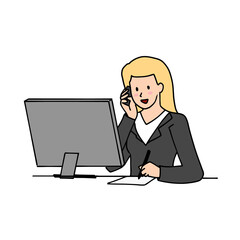 Fototapeta na wymiar office worker person businesswoman talking to customer client using handphone while writing on paper with computer minimalism hand drawn illustration png
