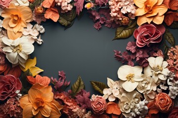 A photo realistic botanical floral border with bright vivid flowers arranged at the sides making a frame with a black copy space in the middle , top view flat lay composition