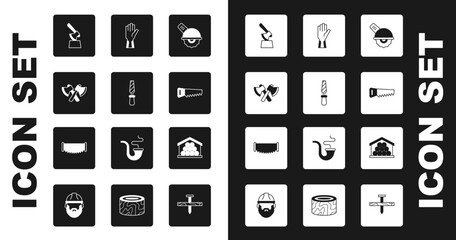 Set Electric circular saw, Rasp metal file, Wooden axe, in stump, Hand, Protective gloves, logs and Two-handed icon. Vector
