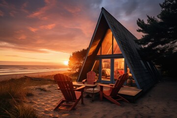 Comfortable Cozy beach cabin. Sea island tree. Generate Ai